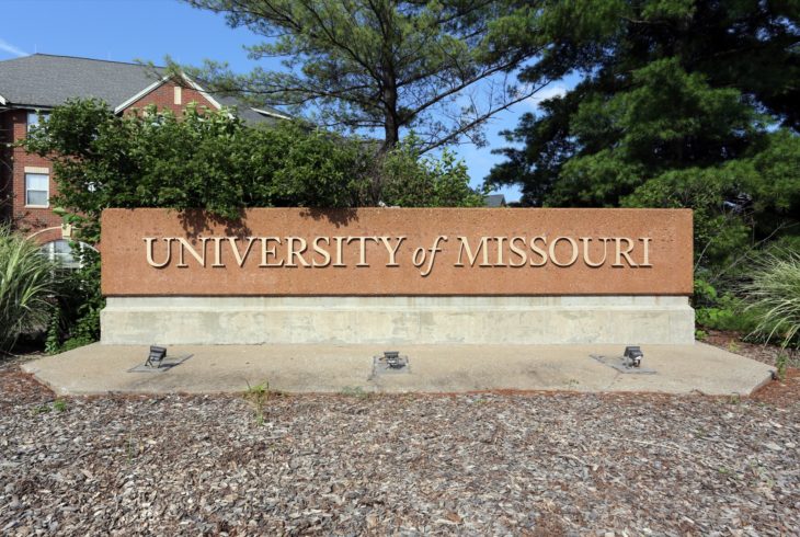 COLUMBIA, MO, USA - JULY 5: An entrance sign at the University of Missouri in Columbia, Missouri on July 5th, 2016. The University of Missouri is a public land-grant research university.