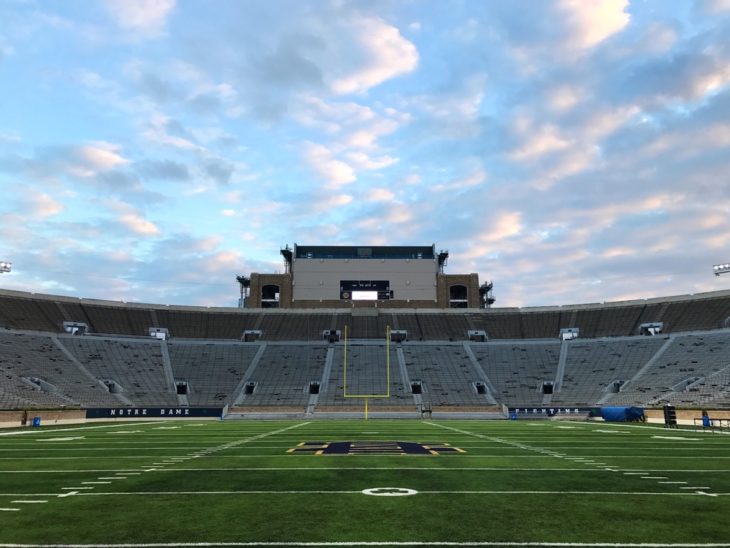 A picture of Notre Dame stadium on the field with no one there