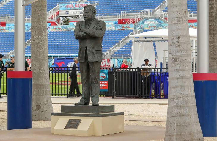 BOCA RATON, FLORIDA, USA: Bronze statue of Howard Schnellenberger, famous Florida Atlantic University (FAU) Football coach as seen at the FAU Football Stadium on December 21, 2019.