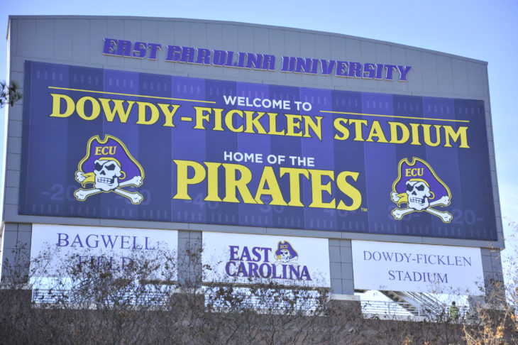 Greenville, NC/United States- 10/03/2016: A look at the back of ECU's scoreboard just outside Dowdy Ficklen Stadium.